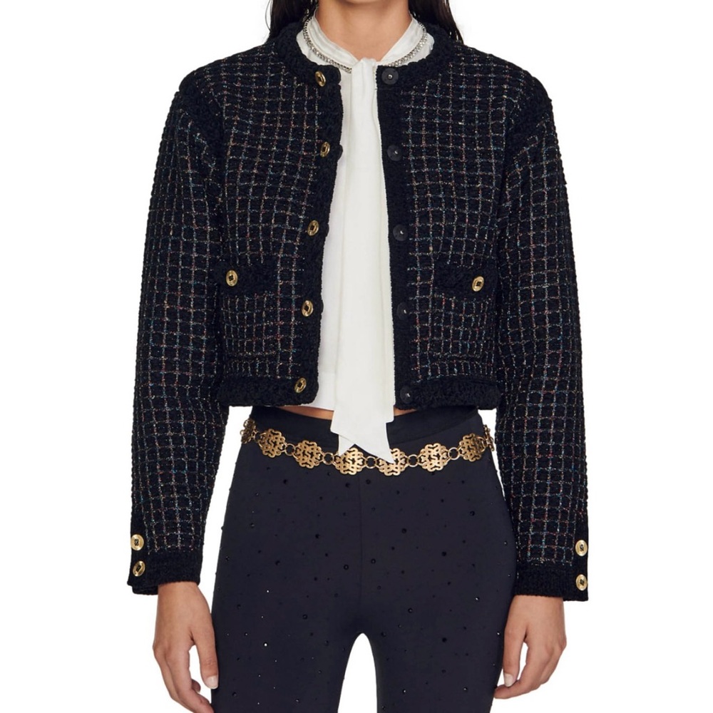 Sandro Black Tweed Blazer with Gold Accents